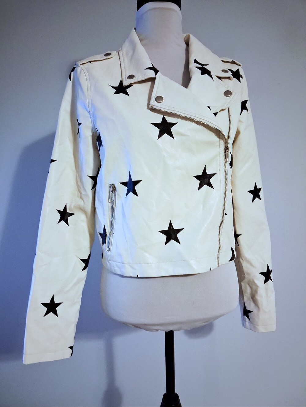 Black And White Faux Leather Moto Jacket with Black Star Print Size Med